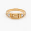 A gold ring with a rectangular baguette-cut clear center stone and three smaller round clear stones on each side, shown on a plain white background. The inside of the band is stamped with 'MORGAN & AYA 925'.